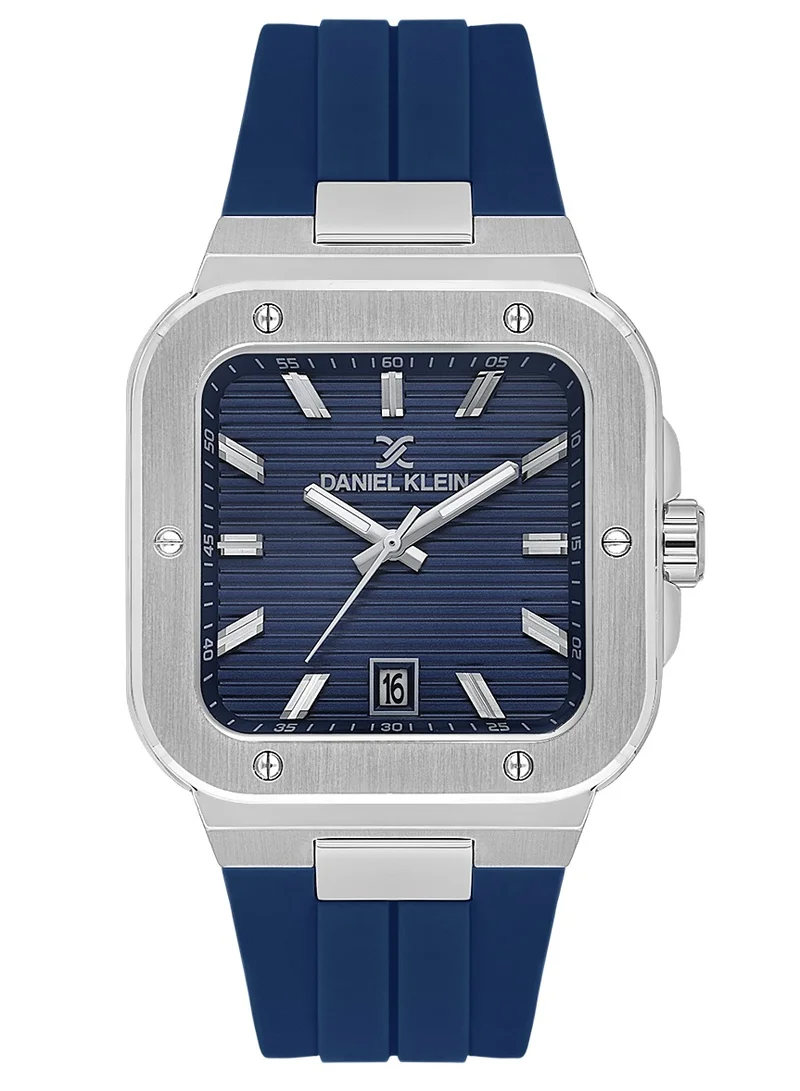 DANIEL KLEIN Men's Silicone Band Silver Brass Case Analog Dark Blue Square Emboss Dial Japanese Quartz Premium 50 Meters Water Resistant